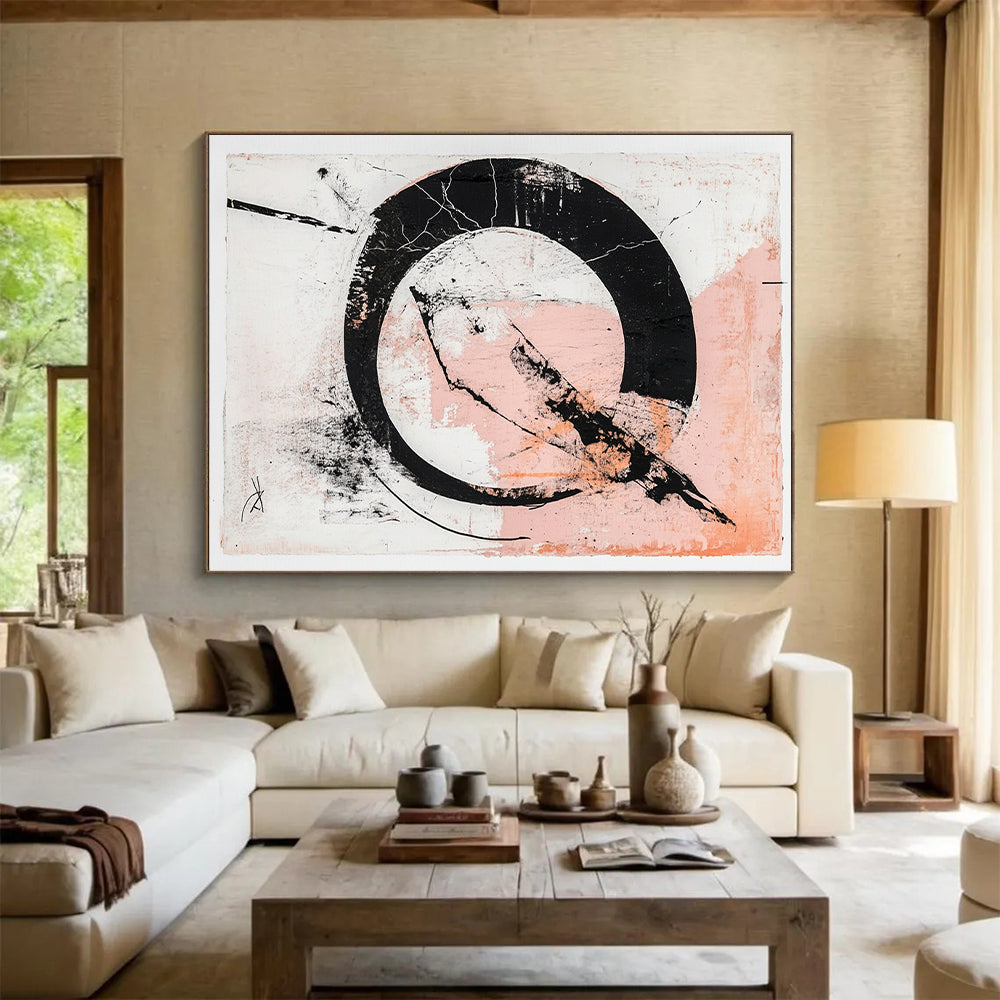 Black, White, Pink, Textured Circle "Blush Enso" Abstract Zen - Inspired Painting On Canvas HB091