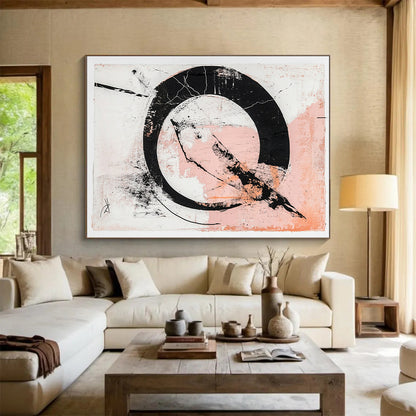 Black, White, Pink, Textured Circle "Blush Enso" Abstract Zen - Inspired Painting On Canvas HB091