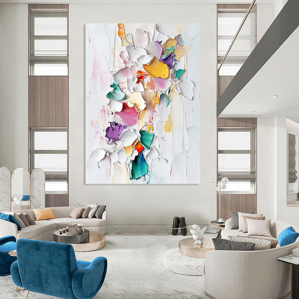 Contemporary abstract painting featuring colorful porcelain pieces and thick brush strokes on a textured white background in a pastel palette. DLZ0834