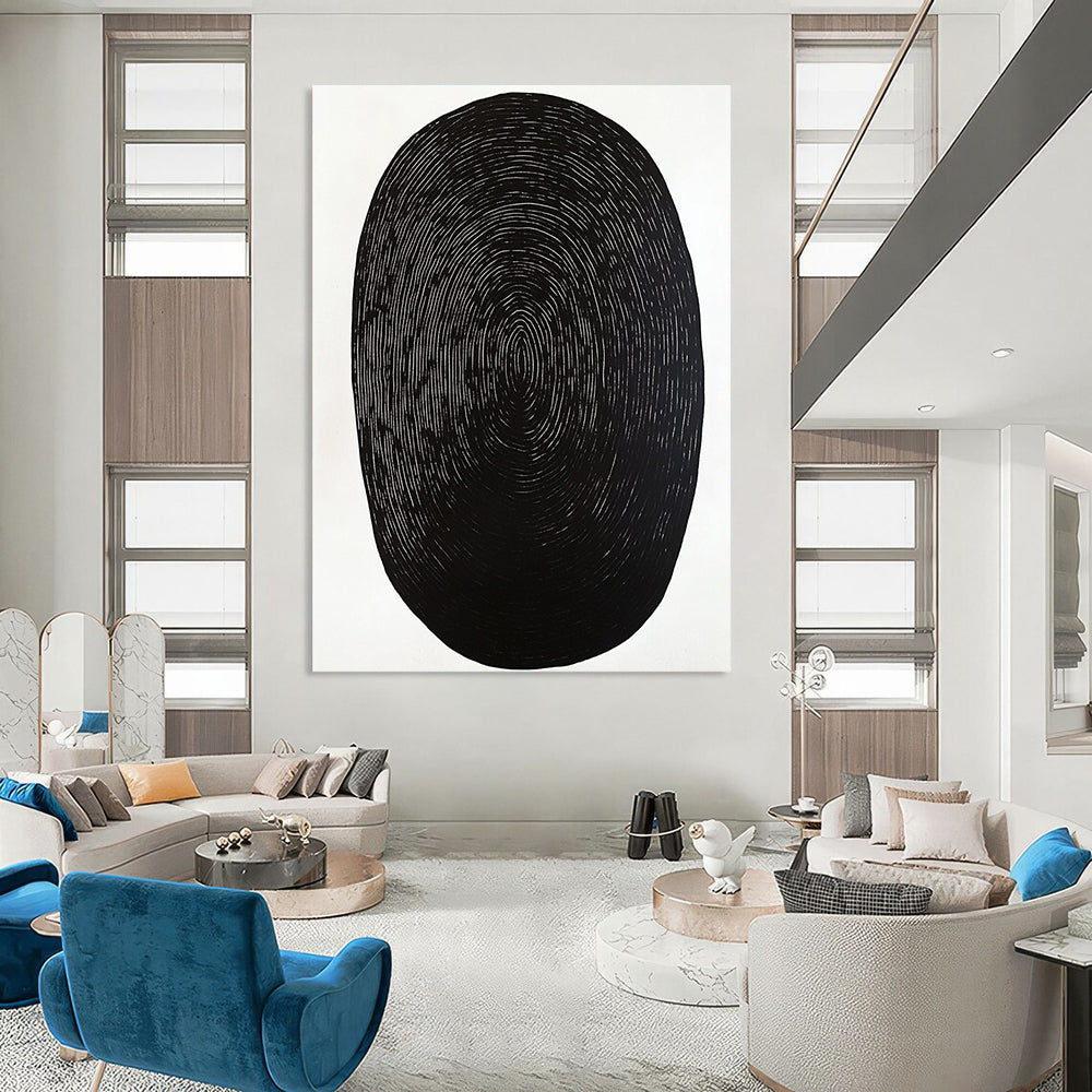 Contemporary abstract artwork featuring a black oval shape on a white background with minimal wood grain print emphasizing simplicity and elegance. DLZ1534