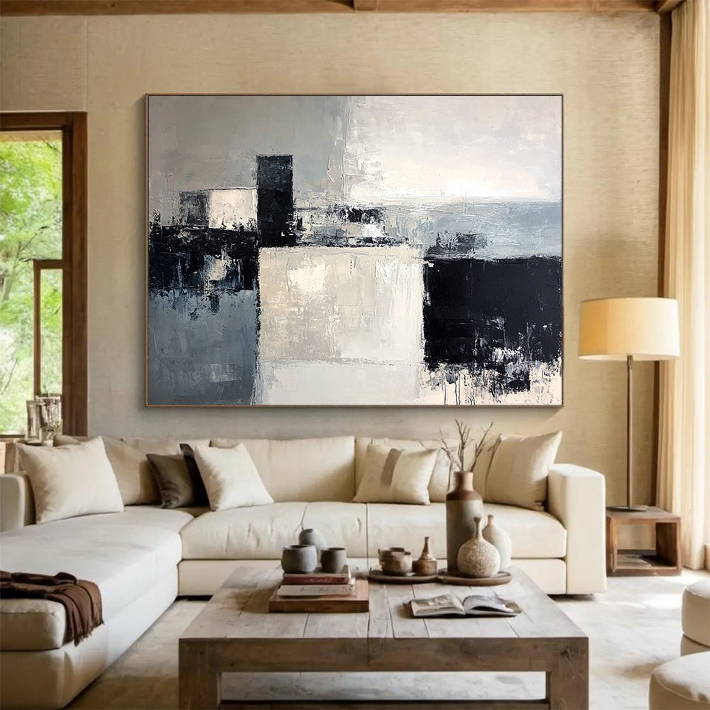 “Geometric Abstract in Gray and Black” - Gray, black, white; Geometric shapes in gray, black, and white; Textured Acrylic Painting On Canvas HB1204