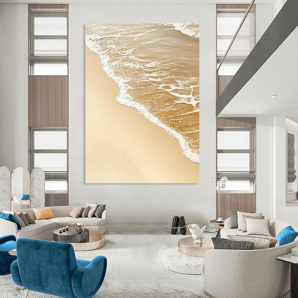 Contemporary abstract artwork capturing the serene meeting of sand and water, evoking tranquility with soothing beige and white tones. DLZ1211