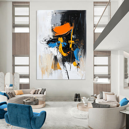 Contemporary abstract painting featuring a figure in motion with an orange hat and black boots set against dynamic brush strokes and vibrant colors. DLZ0868