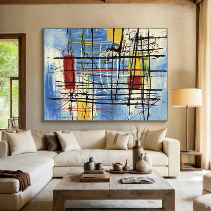 “Colorful Abstract Grid” - Blue, yellow, red, green, Abstract Expressionist Painting HB0641