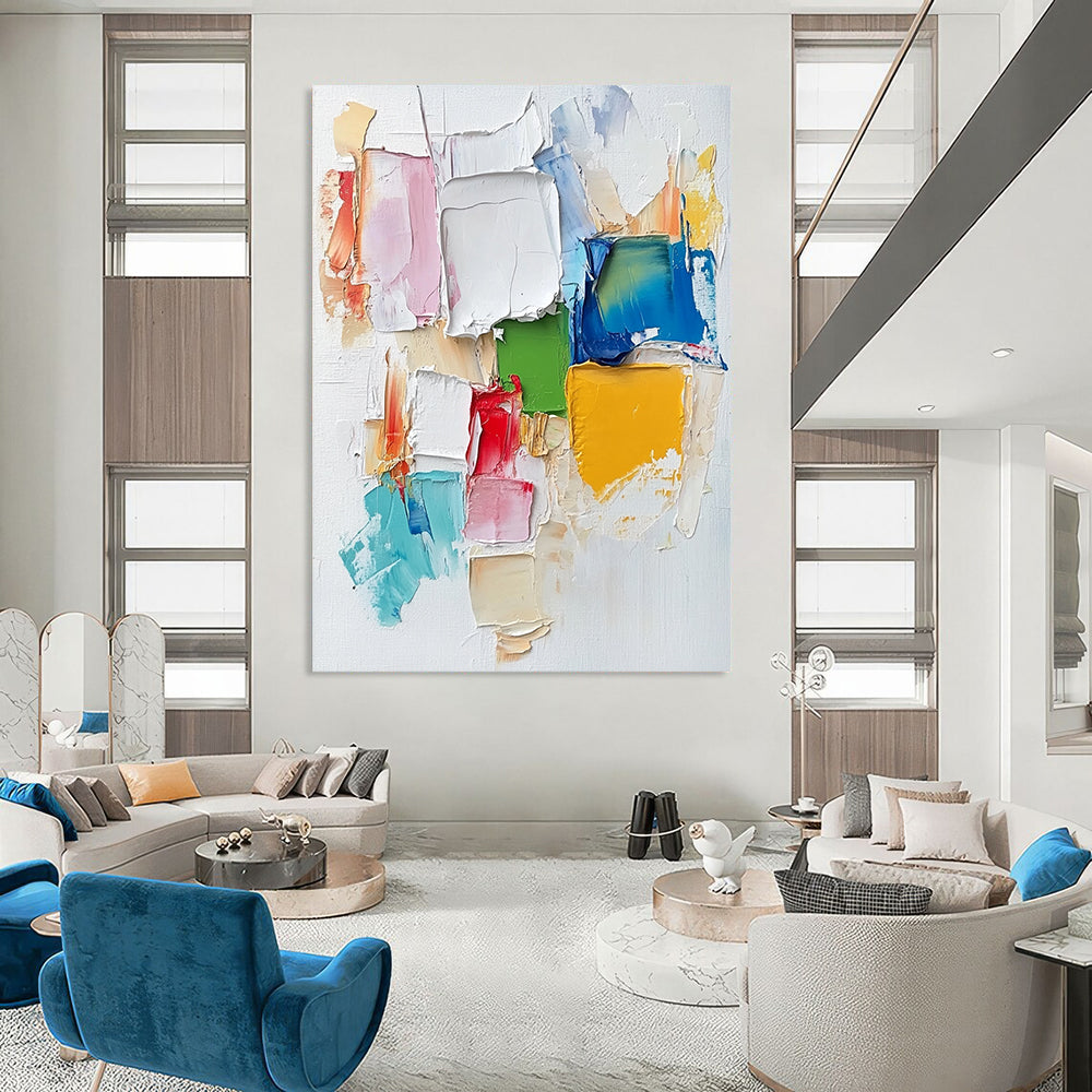 Contemporary hand-painted abstract artwork featuring colorful textures and a collage cityscape, enriched with soft brush strokes and vibrant impasto techniques. DLZ0835