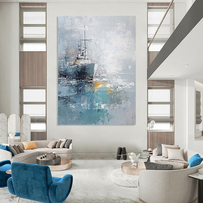 Contemporary abstract painting featuring the sea and a ship with impasto texture in light blue gray and white tones on canvas. DLZ0655