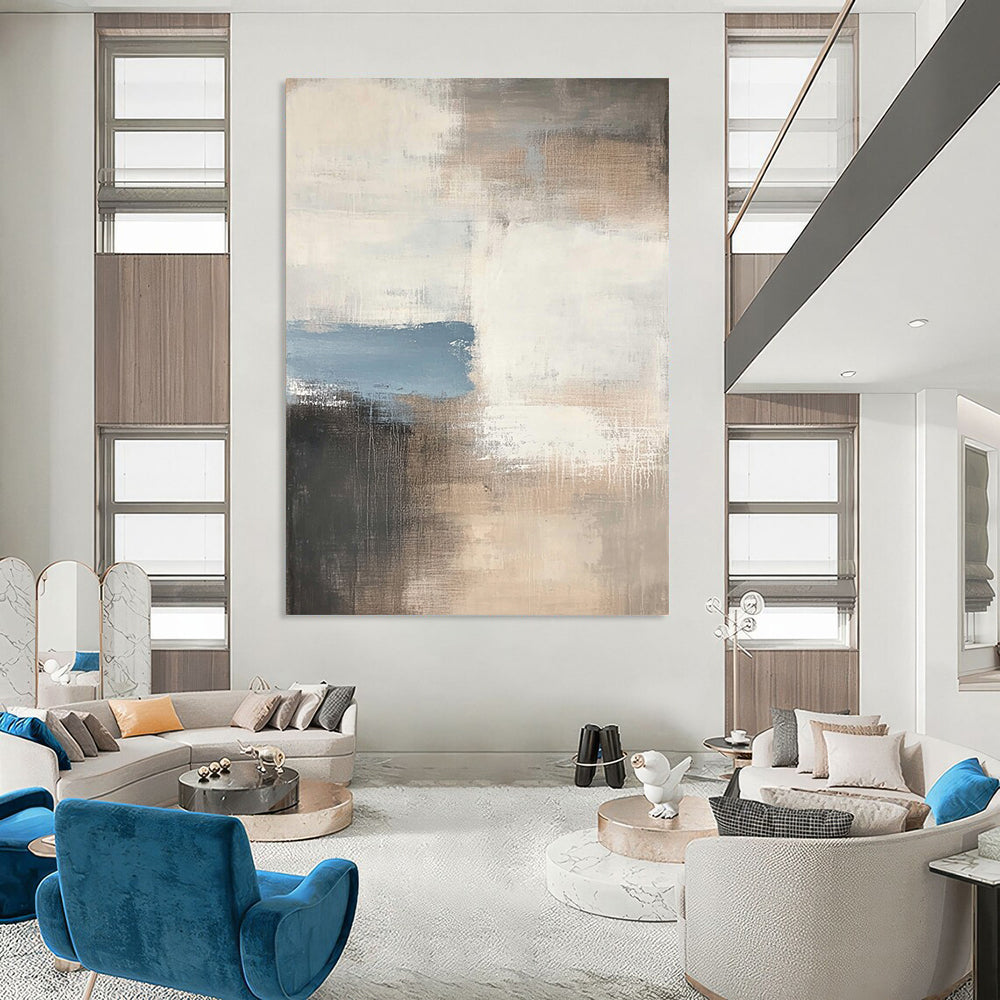 Contemporary hand-painted abstract art featuring soft beige and gray tones accented with hints of blue, perfect for enhancing any modern space. DLZ1057
