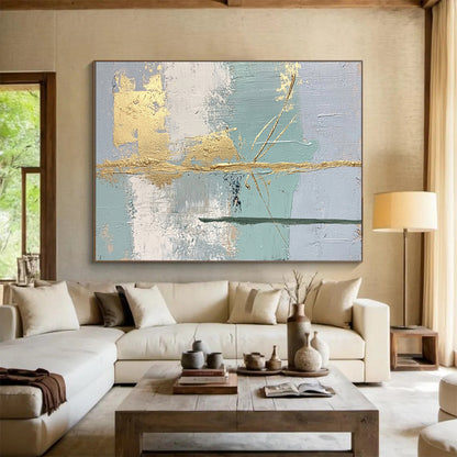 “Gold Accents on Pastel Abstract” - Light blue, gray, white, gold; Abstract with gold brushstrokes; Acrylic Painting On Canvas HB1246