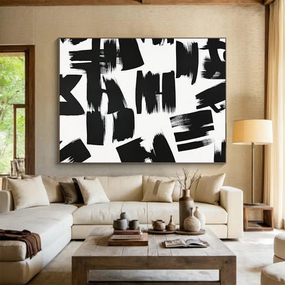 “Chaotic Black - White Brush Marks” - Black, White, Dynamic Marks Painting On Canvas HB0805