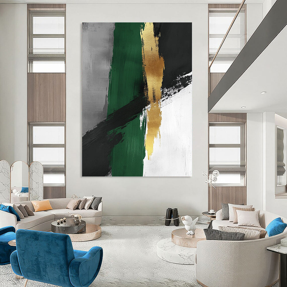 Contemporary abstract artwork featuring minimalist brush strokes in green and grey with luxurious gold accents, creating a serene and sophisticated ambiance. DLZ1615