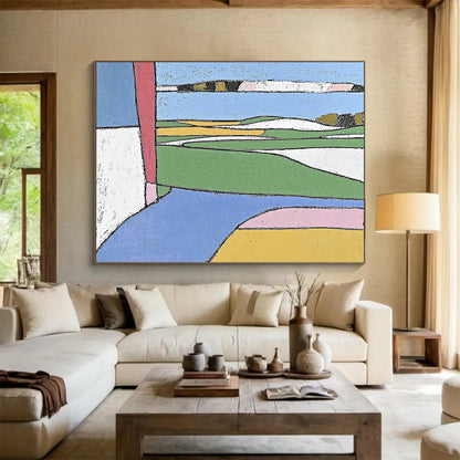 “Color - Blocked Landscape” - Green, Blue, Yellow, Abstract Fields - Primitive Acrylic Painting HB1504