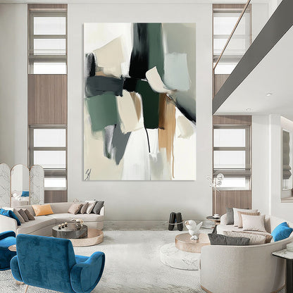 Large contemporary hand-painted abstract artwork with soft shapes and colors in sage green and white, complemented by dark gray for a gentle atmosphere. DLZ0770
