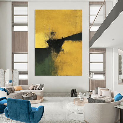 Contemporary abstract art showcasing earthy yellows and greens with touches of black and gold in a minimalist design. DLZ0915
