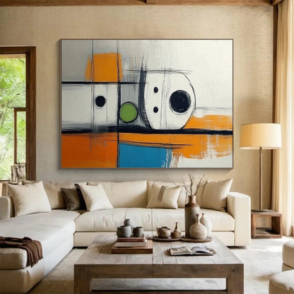 Black, White, Orange, Green and Blue Geometric Abstract "Minimalist Machinery" Painting On Canvas HB0416