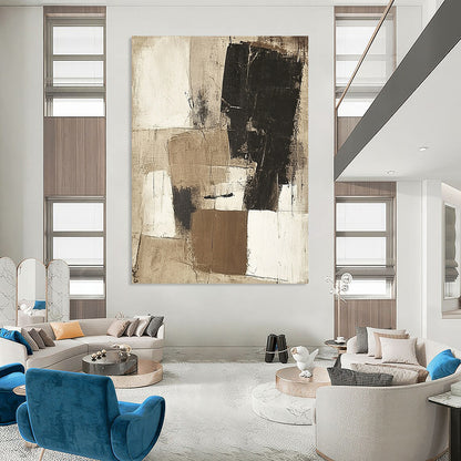 Contemporary hand-painted abstract art featuring large beige white and black squares with textured depth and harmonious yet chaotic forms. DLZ1036
