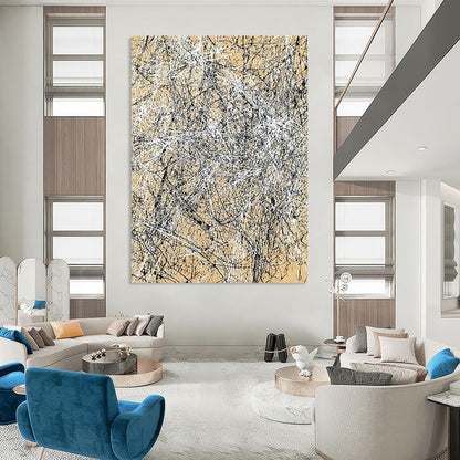 Contemporary hand-painted abstract art features intricate light brown and black crosshatching creating energetic movement and depth on canvas. DLZ0985