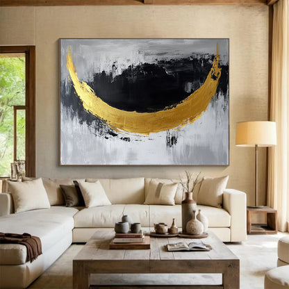 “Golden Crescent” - Gold, Black, Gray, Abstract Moon - Shaped Painting On Canvas HB1044