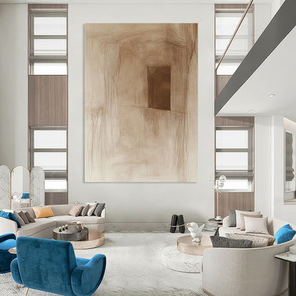 Contemporary abstract artwork features a rough pencil sketch of an ancient cave wall with a small window subtle sepia tones and simple lines. DLZ1452