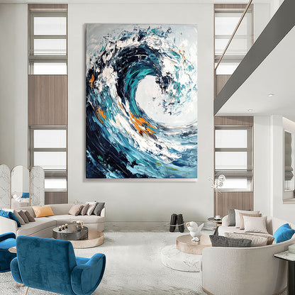 Contemporary abstract painting showcasing ocean wave with impasto brush strokes and palette knife in dark blue and teal swirls on white background. DLZ0580