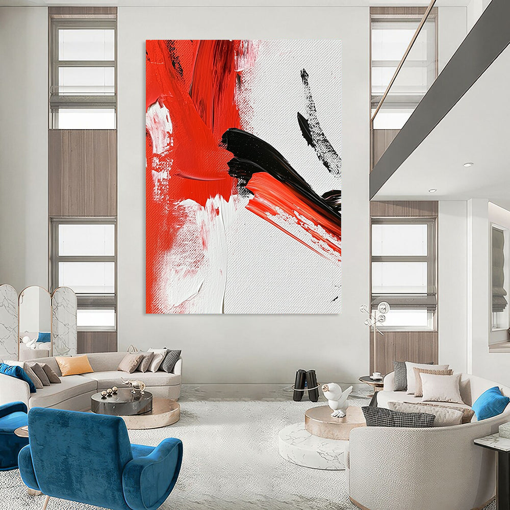 Contemporary abstract painting featuring vibrant red and white strokes on canvas with intricate details reminiscent of traditional ink techniques. DLZ0787