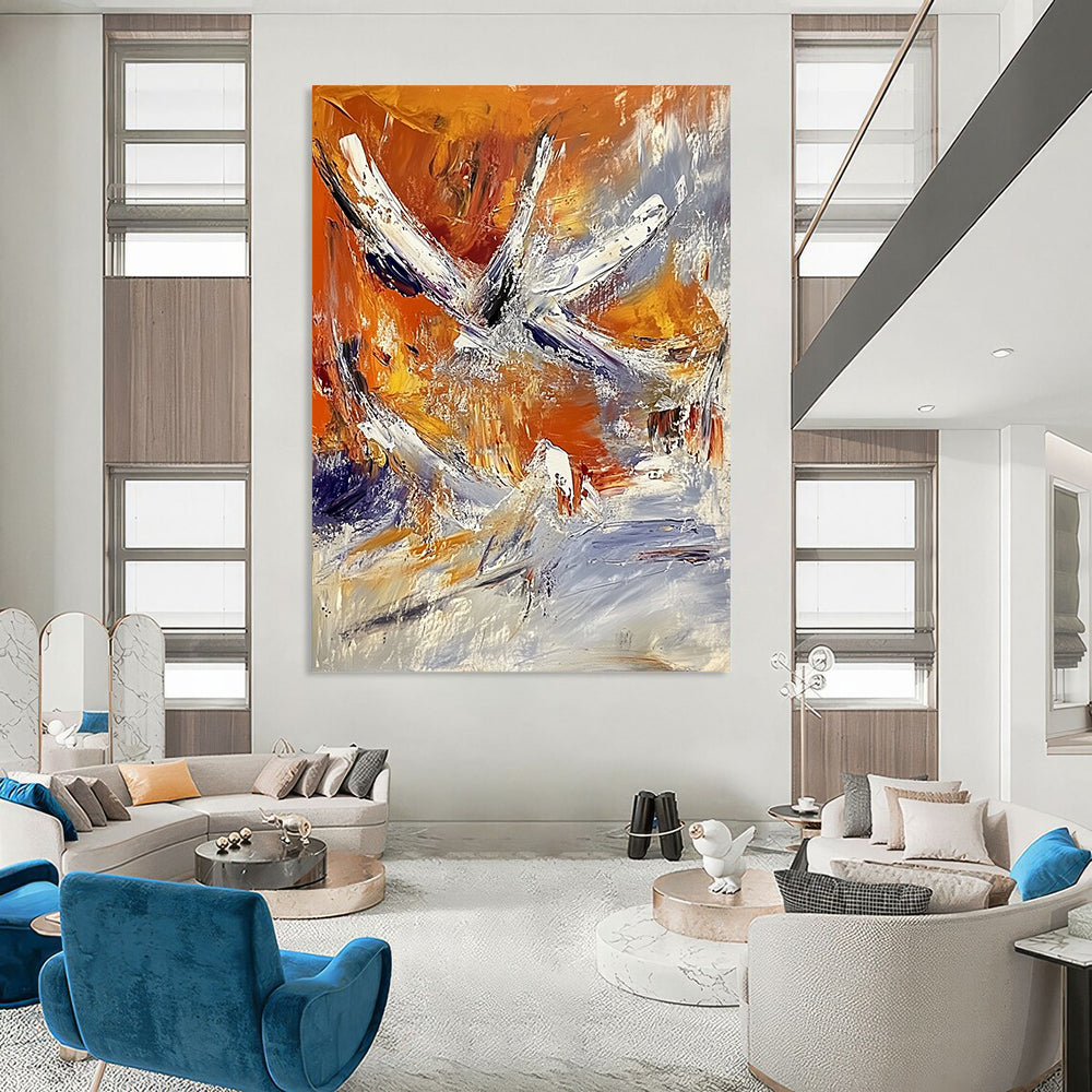 Contemporary abstract painting showcases vibrant orange and white hues with expressive brushstrokes and heavy impasto texture, evoking a captivating flight to space. DLZ0864