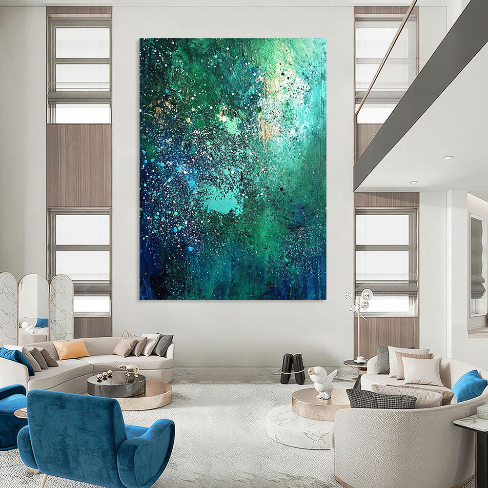 Contemporary abstract artwork in vibrant blues and greens adorned with white speckles and shimmering stars, perfect for elevating any space. DLZ0530