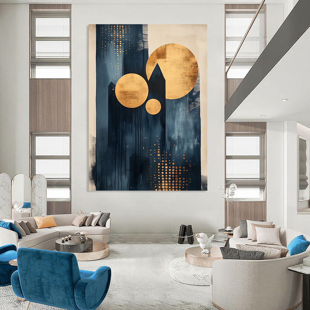 Contemporary abstract artwork featuring dots and lines with black ink light indigo tones and gold accents on canvas texture. DLZ0854