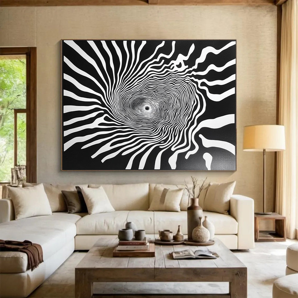 Black and White Spiral Lines "Infinite Spin" Painting On Canvas HB269