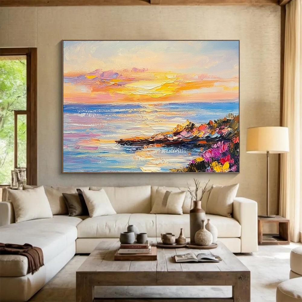 Colorful Coastal Sunset with Wildflowers - Impressionistic Seaside Painting On Canvas HB0442