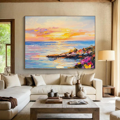 Colorful Coastal Sunset with Wildflowers - Impressionistic Seaside Painting On Canvas HB0442
