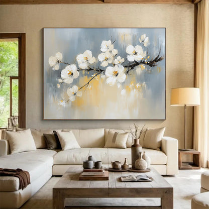 “White Blossoms On Branch” - Gray, White, Yellow, Impressionist Floral Painting On Canvas HB0682