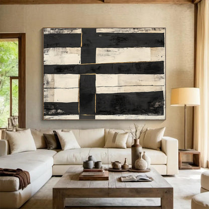 Black, White, Gold, Vertical Rectangles "Gilded Grid" Abstract Constructivist - Inspired Painting On Canvas HB142