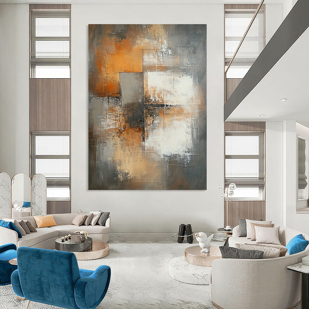 Large contemporary hand-painted abstract artwork featuring faded brown tones, white squares, and a central cross amidst an urban backdrop with expressive brush strokes. DLZ0515