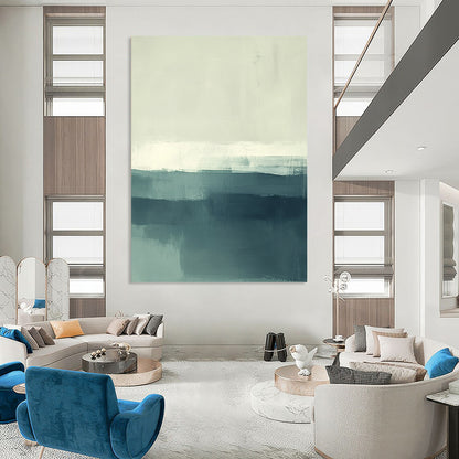 Contemporary hand-painted abstract artwork of the sea featuring soft muted teal and green tones with white accents. Perfect for modern spaces. DLZ0431
