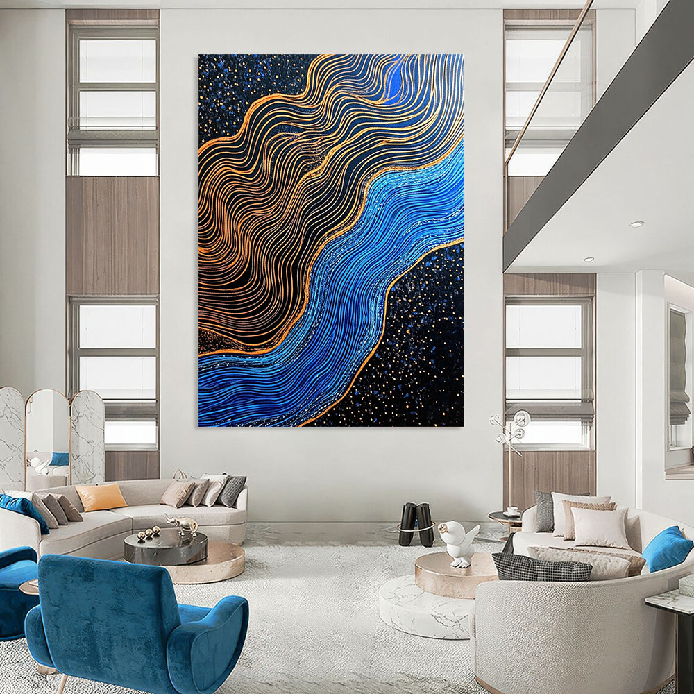 Contemporary hand-painted abstraction featuring blue and gold contrasts with gilded lines over a dark blue river in a black sand desert. DLZ1561