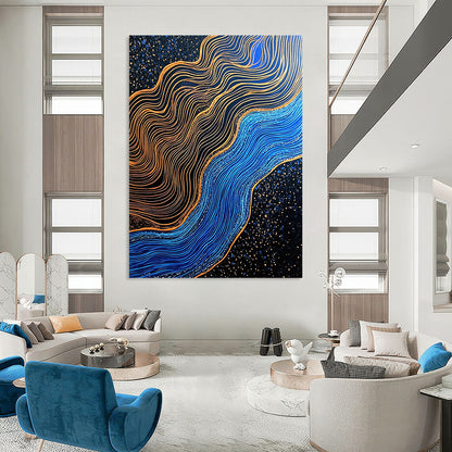 Contemporary hand-painted abstraction featuring blue and gold contrasts with gilded lines over a dark blue river in a black sand desert. DLZ1561