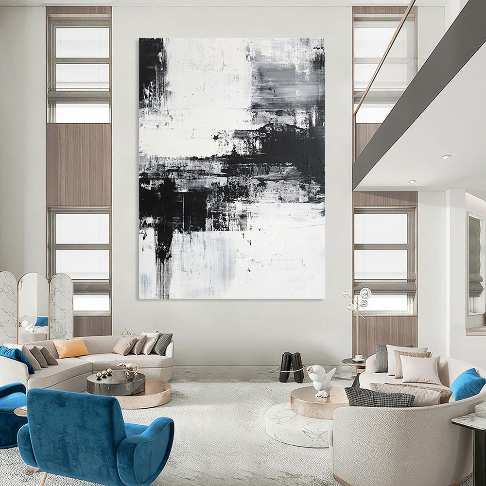 Large contemporary hand-painted abstract artwork featuring a coastal landscape with brush strokes and layers, emphasizing emotional depth in a serene monochromatic palette. DLZ0302