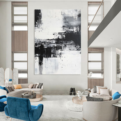 Large contemporary hand-painted abstract artwork featuring a coastal landscape with brush strokes and layers, emphasizing emotional depth in a serene monochromatic palette. DLZ0302