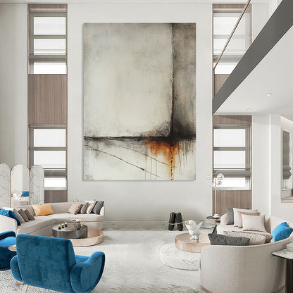 Contemporary abstract artwork featuring a misty ocean scene in light gray and amber tones with minimalistic dry brush techniques and hints of rusted metal. DLZ1004