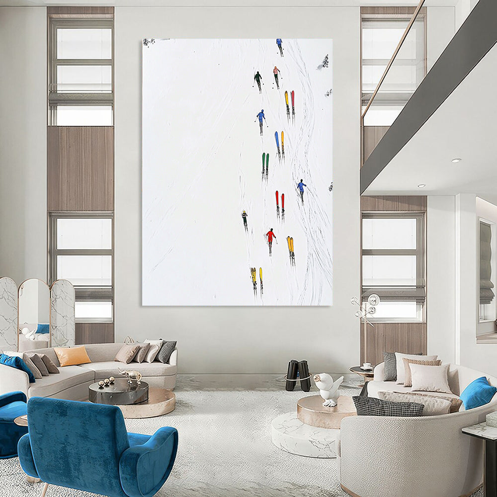 Contemporary abstract art featuring minimalist skiers, vibrant stacked skis, pure white background, and simple lines for a striking visual impact. DLZ1255