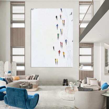 Contemporary abstract art featuring minimalist skiers, vibrant stacked skis, pure white background, and simple lines for a striking visual impact. DLZ1255