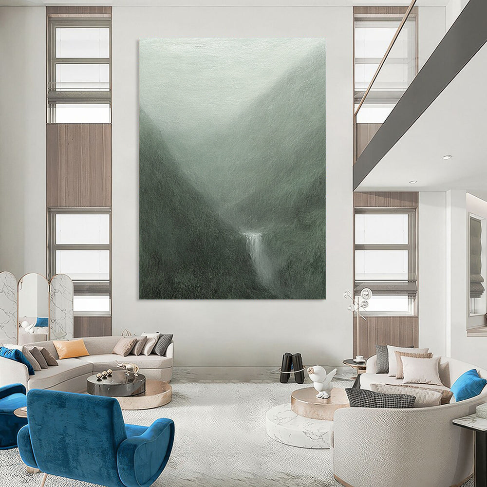 Contemporary abstract painting featuring misty mountains in gray-green hues with soft brushstrokes and a mystical waterfall flowing into a serene pool. DLZ1366