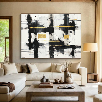 Black, White, Gold, Gray, Textured Blocks "Gilded Grid" Abstract Minimalist Painting On Canvas HB100