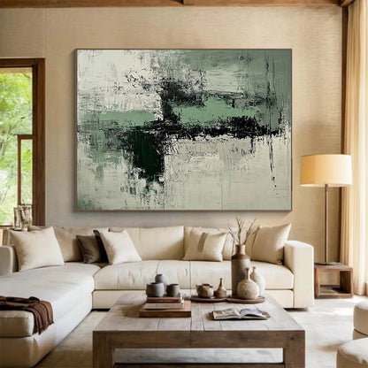 “Green and Gray Abstract Textures” - Green, gray, white, black; Textured abstract with green and gray; Acrylic Painting On Canvas HB1250