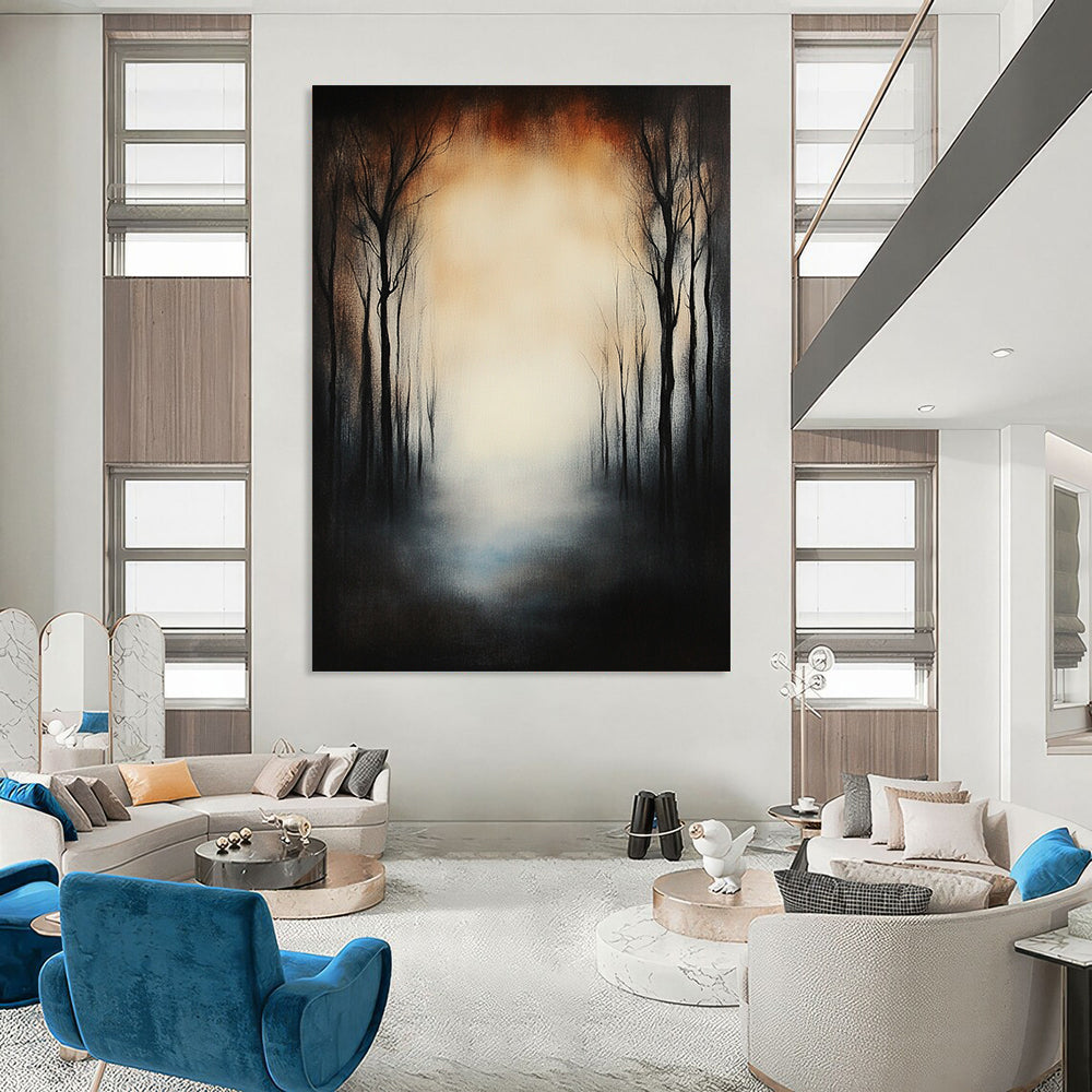 Large contemporary hand-painted abstract artwork featuring a forest of dead trees under eerie fog with a glowing sky and a mysterious blurred effect. DLZ1264