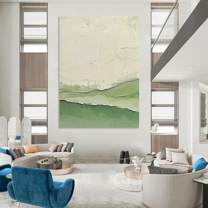 Contemporary abstract artwork featuring impasto technique with calm green and white tones and layered cream swatches evocative of serene water waves. DLZ1350