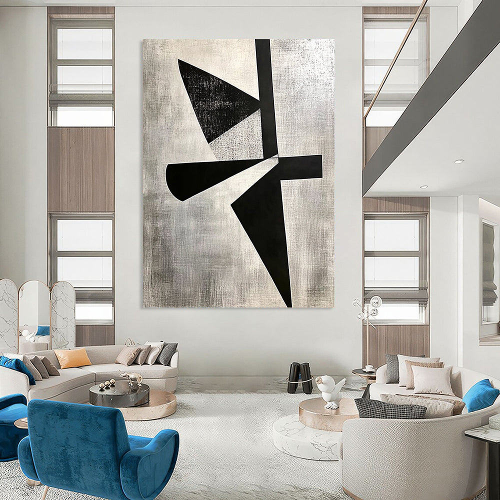 Contemporary hand-painted abstract art featuring high contrast shapes, cut paper collage, and negative space on a gray background in El Lissitzky style. DLZ1143