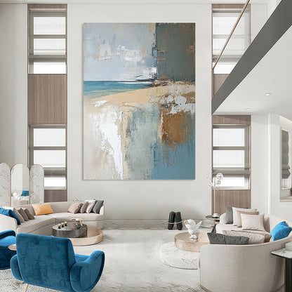 Contemporary abstract painting featuring a textured English beach scene in muted earthy tones, showcasing light blue, brown, neutral green, and grey. DLZ0454