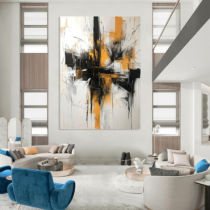 Contemporary hand-painted abstract artwork featuring black and white brushstrokes with yellow accents creating dynamic architectural shapes against an off-white background. DLZ1372
