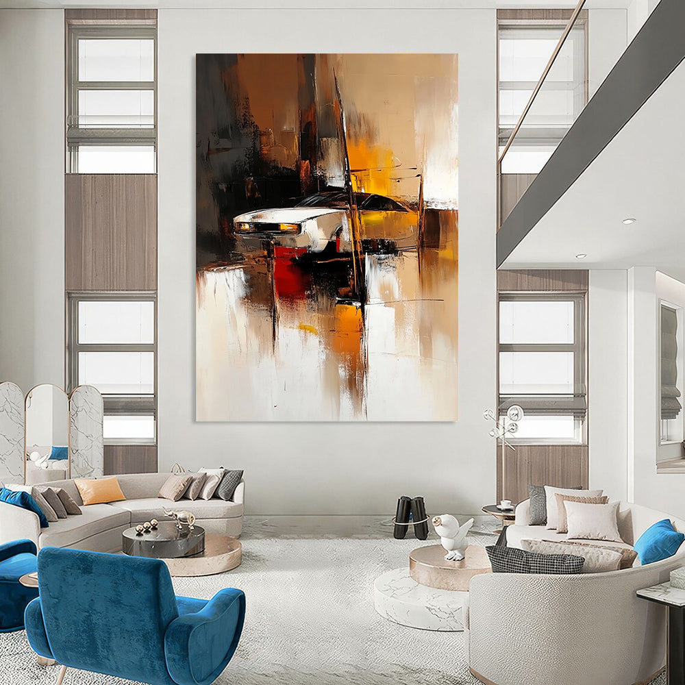 Contemporary abstract painting featuring blurred shapes in light brown dark amber and dark white creating an industrial design with soft edges and vibrant tones. DLZ0590